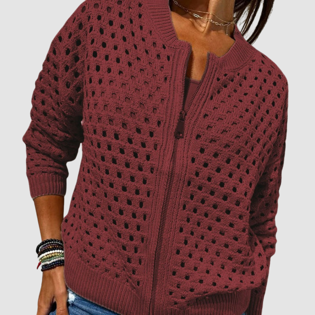 Women's burgundy open-knit zip cardigan