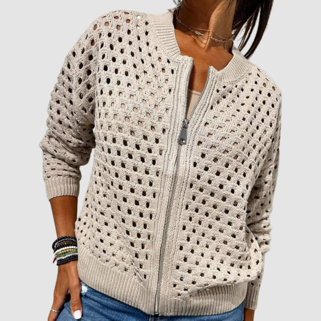 Women's beige open-knit zip cardigan with bomber collar