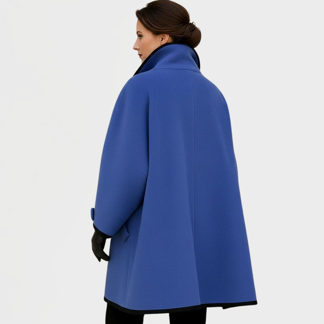 Blue oversized coat with contrast trim – back view