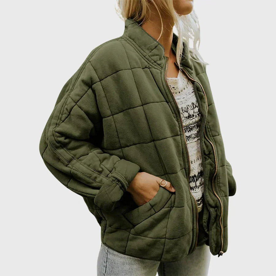 Women's Oversized Box-Quilted Jacket with Patch Pockets for Autumn Days