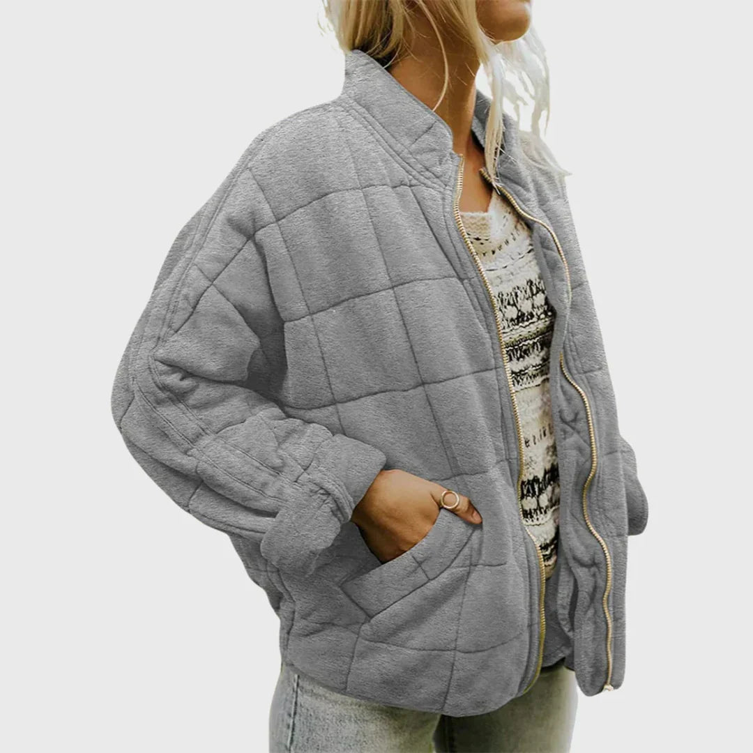 Women's grey box-quilted jacket with pockets