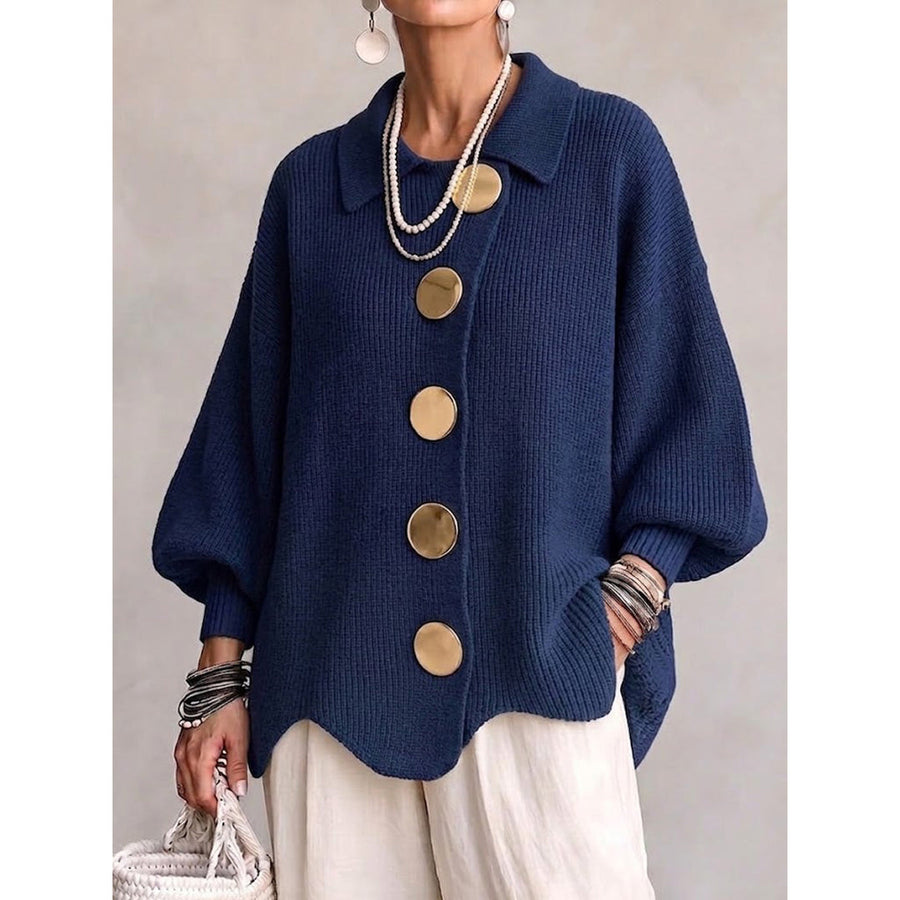 Women's Oversized Collared Cardigan with Large Gold-Tone Buttons and Balloon Sleeves