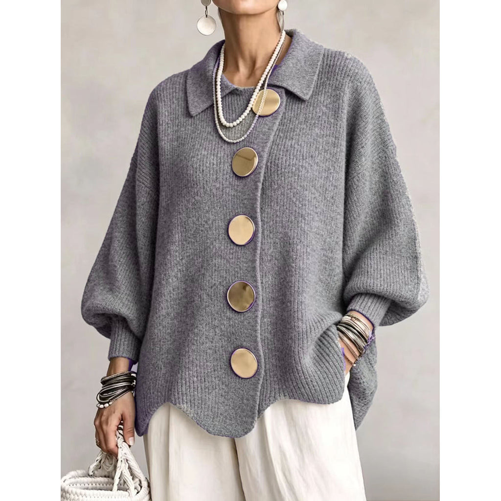 Women's grey cardigan with large gold-tone buttons