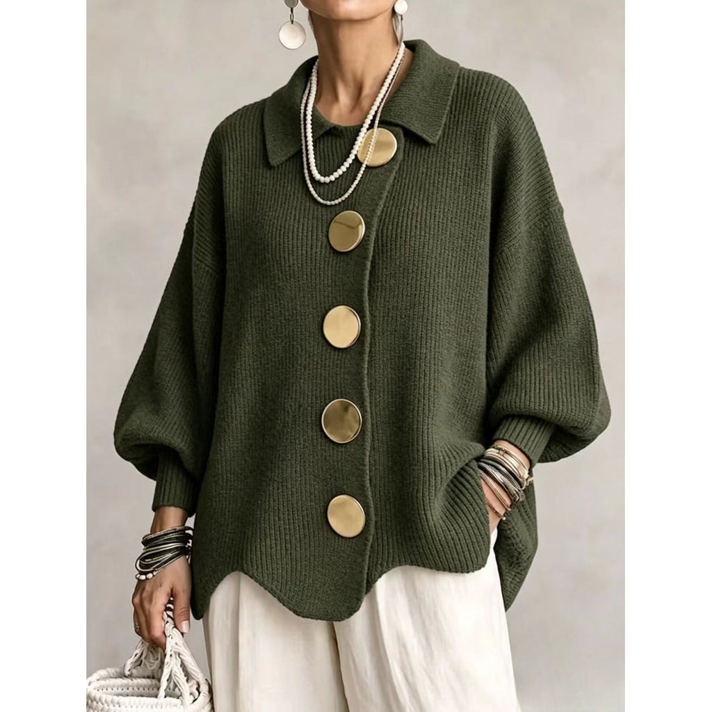 Women's olive green cardigan with gold-tone buttons