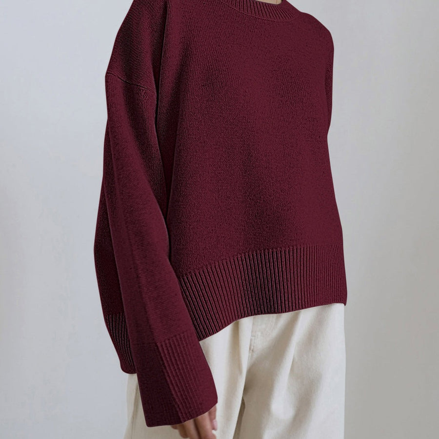 Women's Oversized Crew Neck Sweater with Dropped Shoulders for Relaxed Days