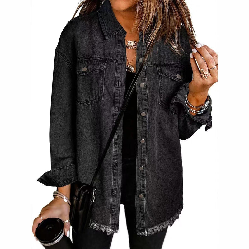 Women's Oversized Denim Shirt Jacket with Frayed Hem for Everyday Wear