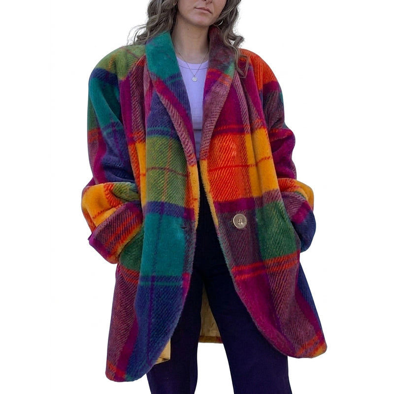 Women's Oversized Plaid Coat with Notched Lapels for Autumn Winter