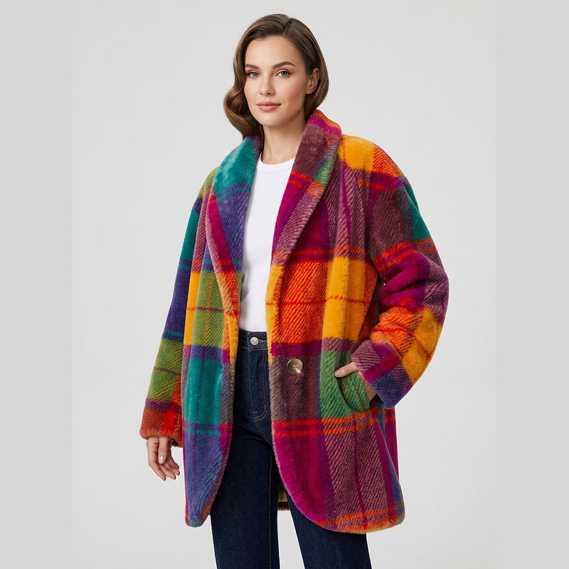 Woman wearing the oversized plaid coat open