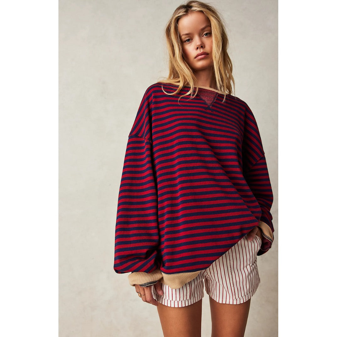 Women's oversized striped sweater in burgundy stripe