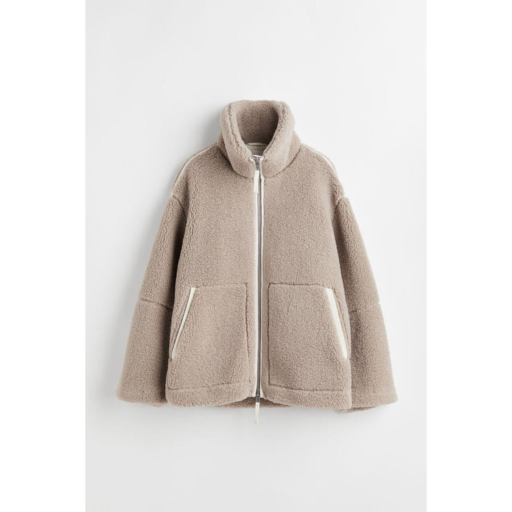 Women's taupe oversized teddy zip jacket – front view