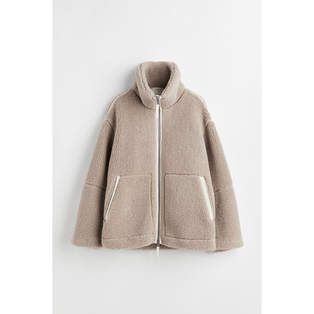 Women's taupe oversized teddy zip jacket – front view