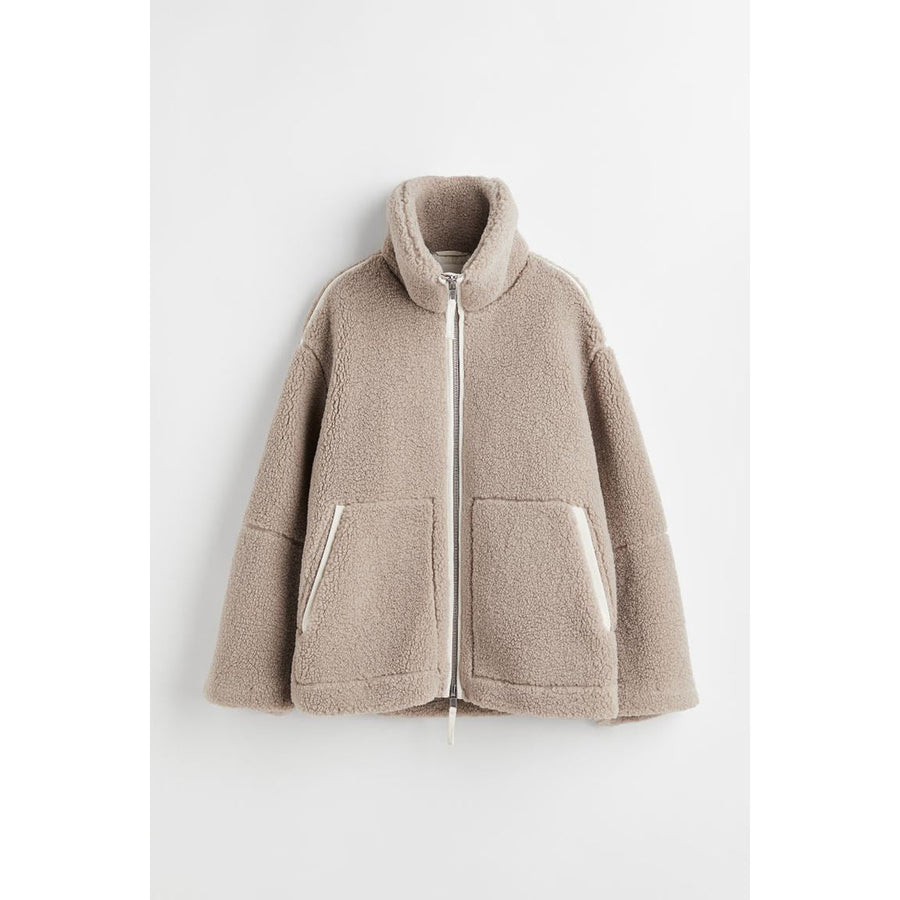 Women's Oversized Teddy Jacket with Zip Front and Collar for Cosy Days