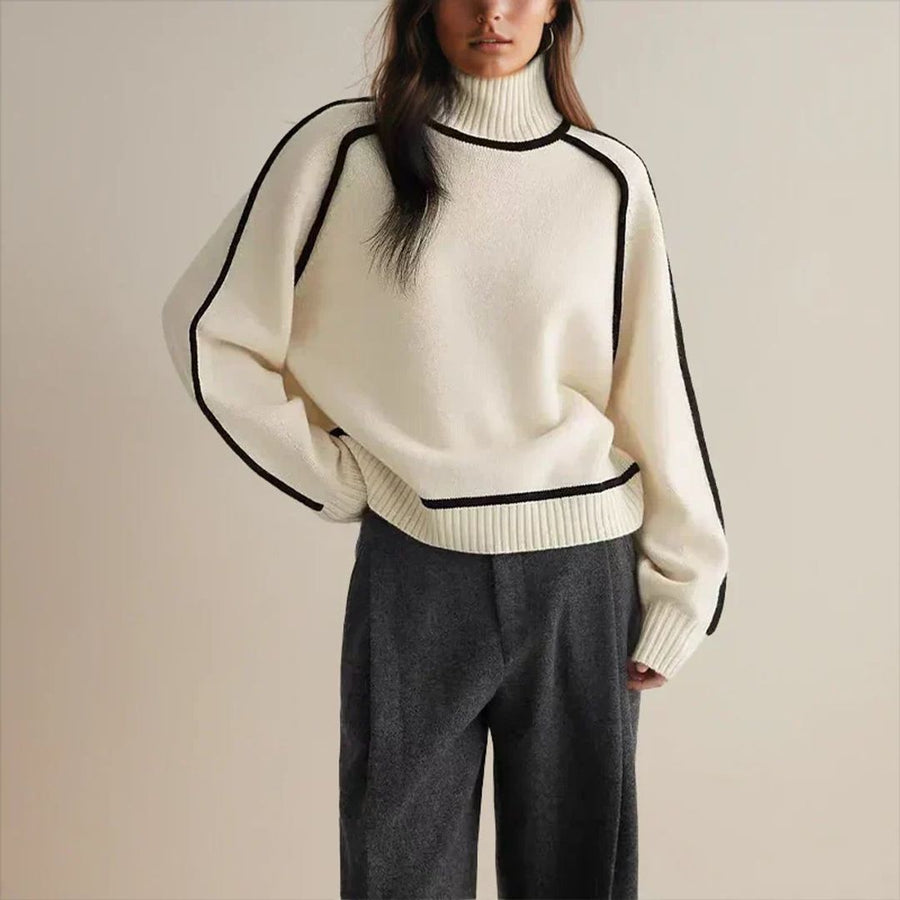 Women's Oversized Turtleneck Sweater with Contrast Piping for Cold Days