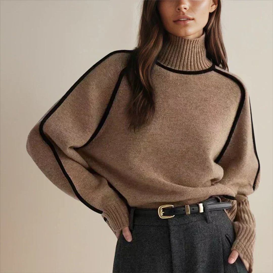 Women's oversized turtleneck sweater with contrast piping in brown