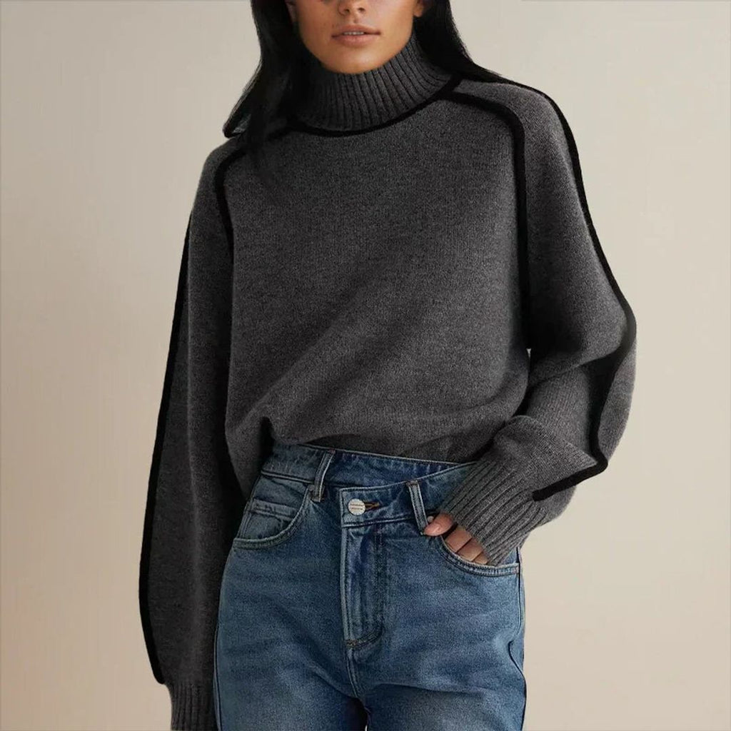 Women's oversized turtleneck sweater with contrast piping in dark grey