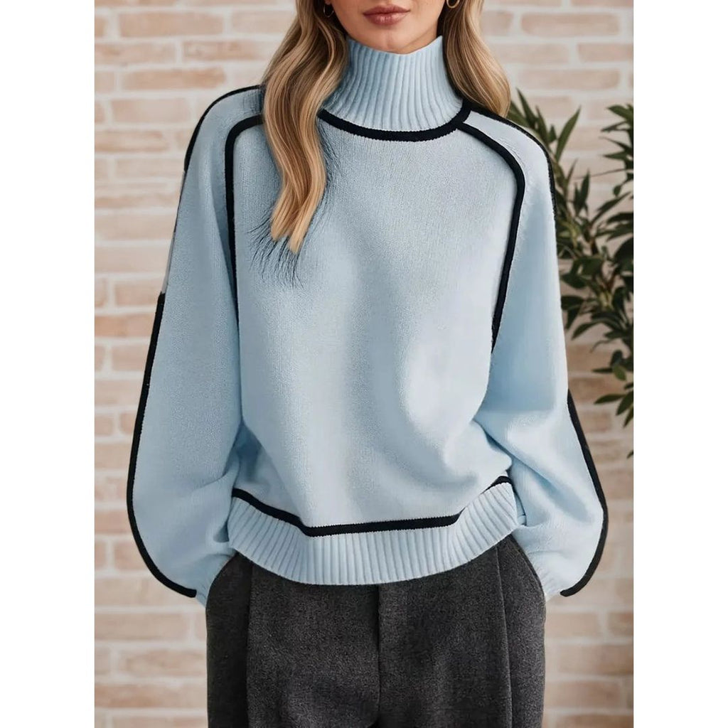 Women's oversized turtleneck sweater with contrast piping in light blue