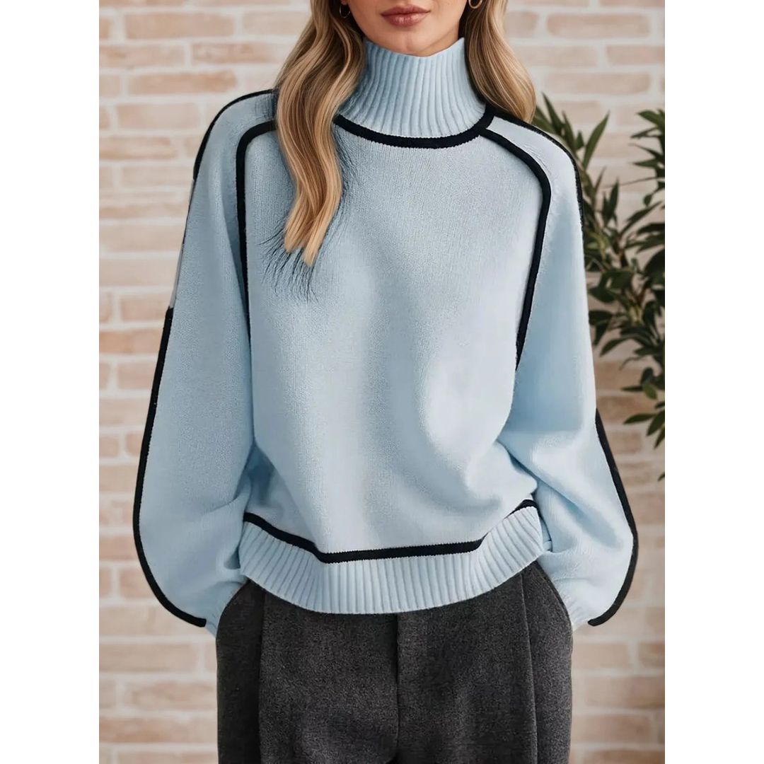 Women's oversized turtleneck sweater with contrast piping in light blue