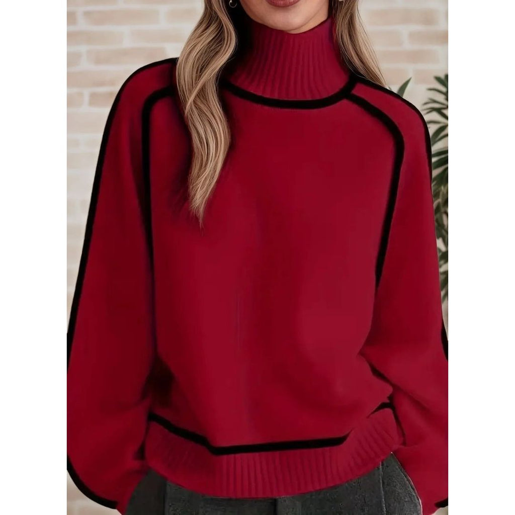 Women's oversized turtleneck sweater with contrast piping in red