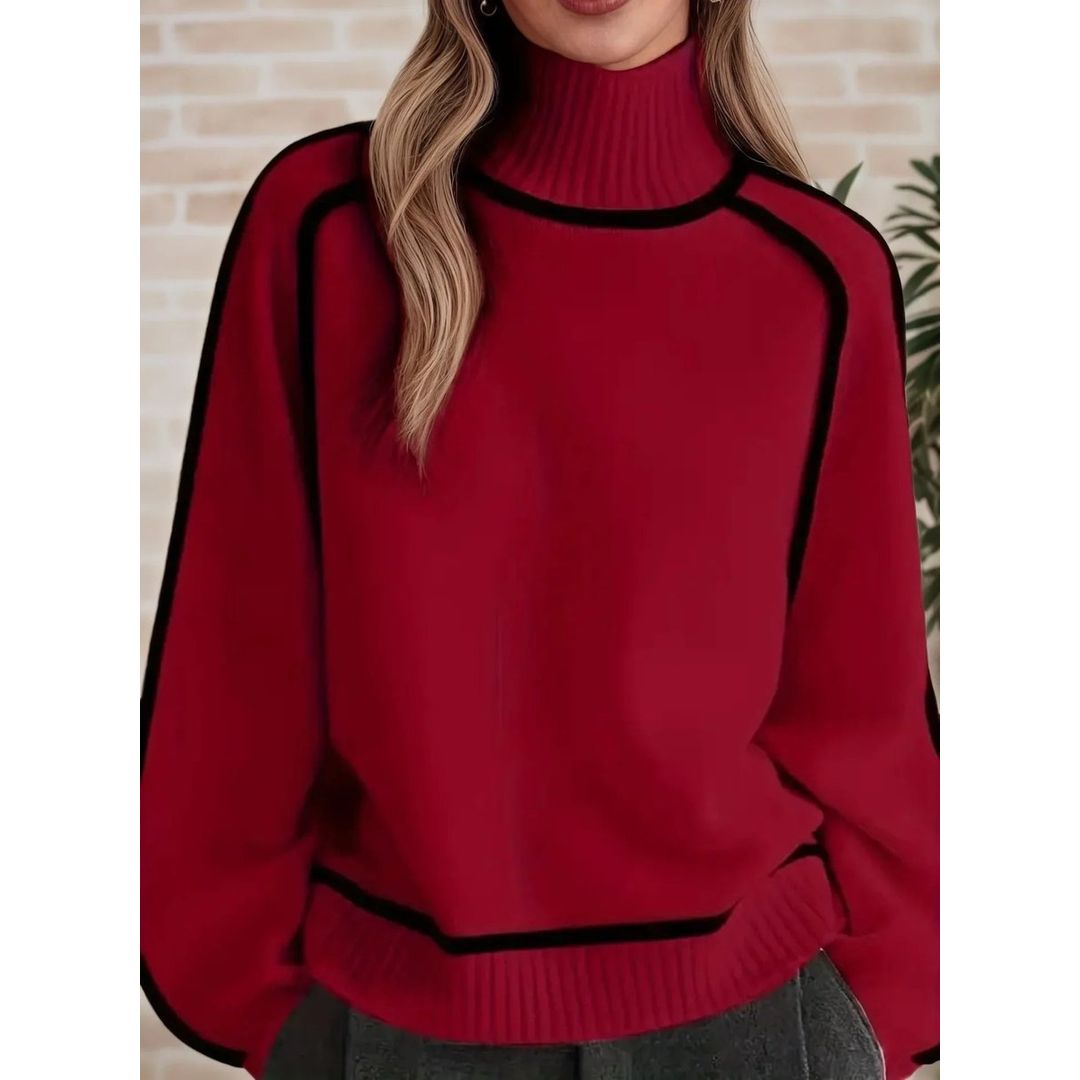 Women's oversized turtleneck sweater with contrast piping in red