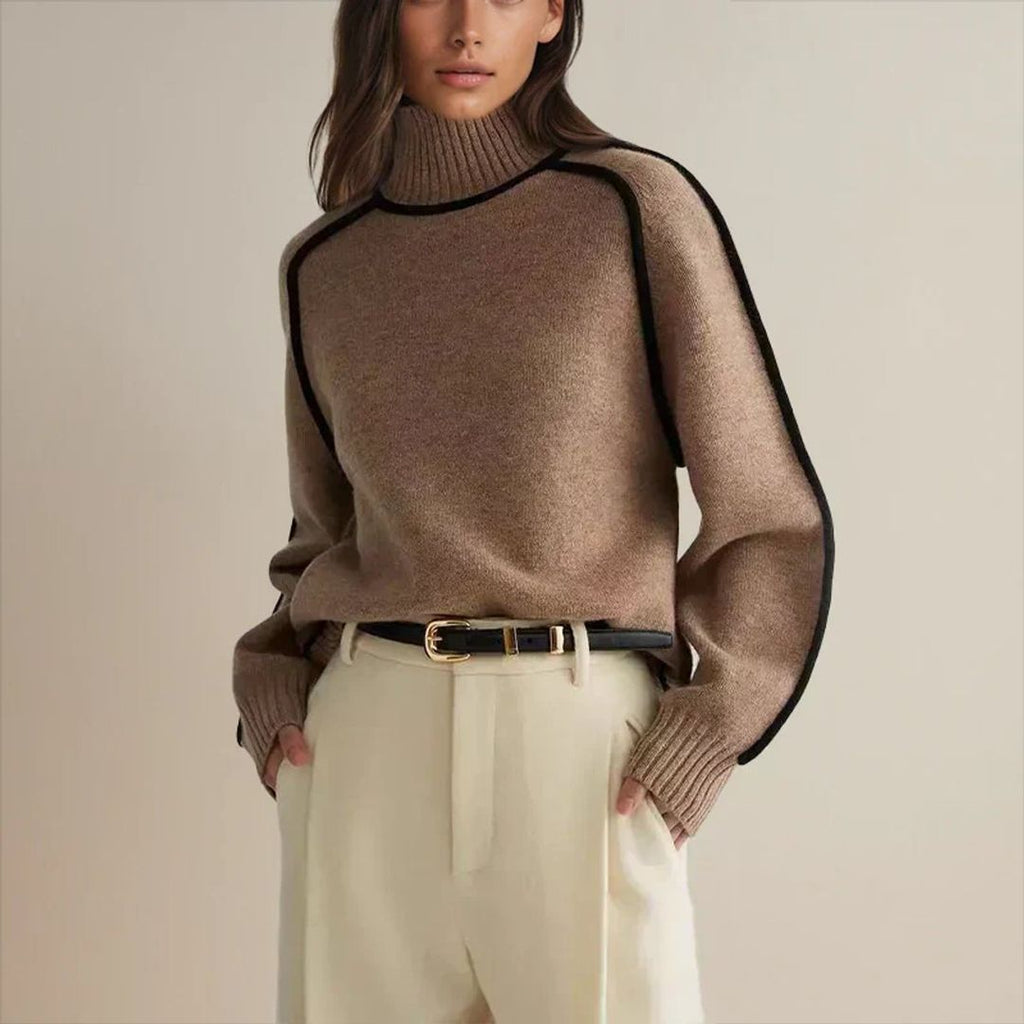 Women's oversized turtleneck sweater with contrast piping in brown, tucked in