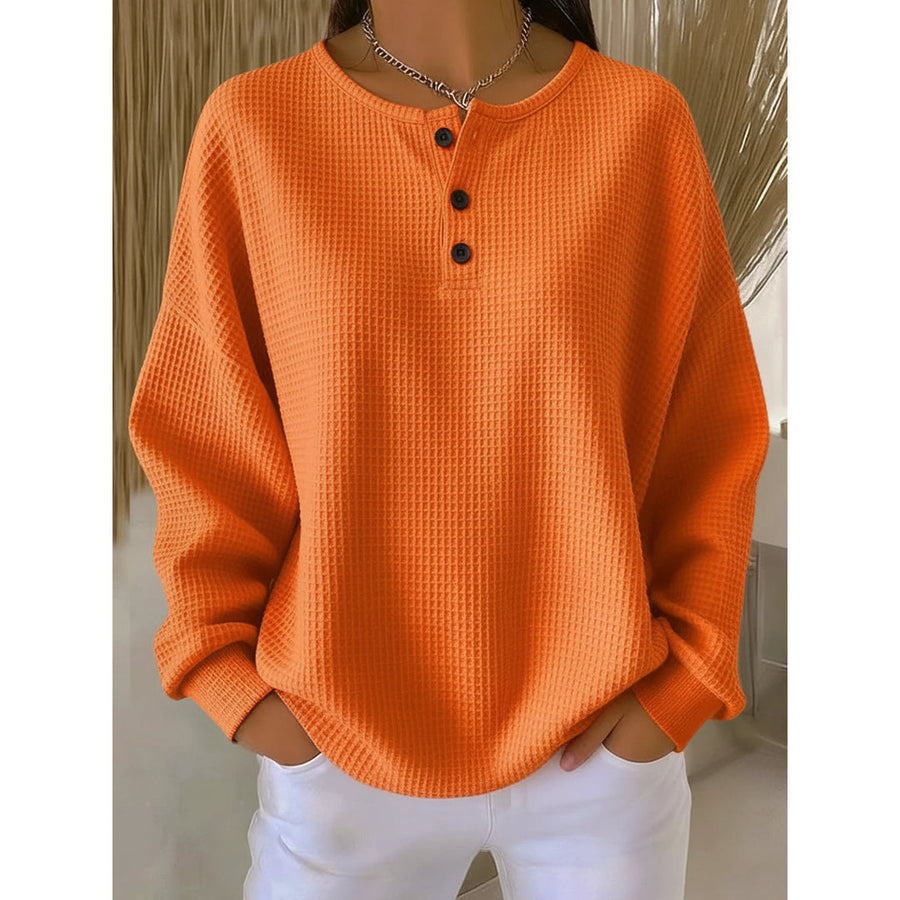 Women's Oversized Waffle Henley Pullover with Button Neckline for Everyday Wear