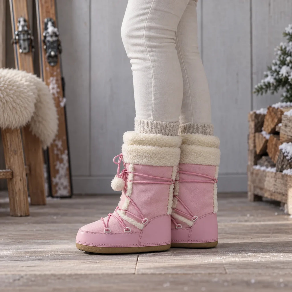 Woman wearing pink snow boots with pom-pom laces