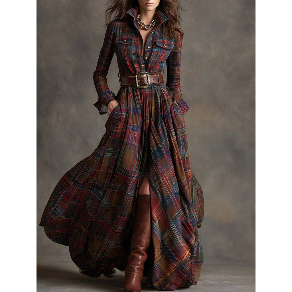 Woman wearing a dark brown plaid belted shirt dress
