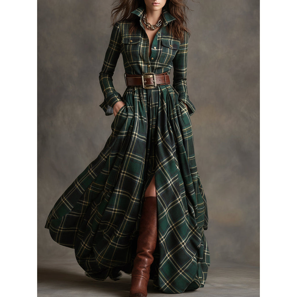 Woman wearing a green plaid maxi shirt dress