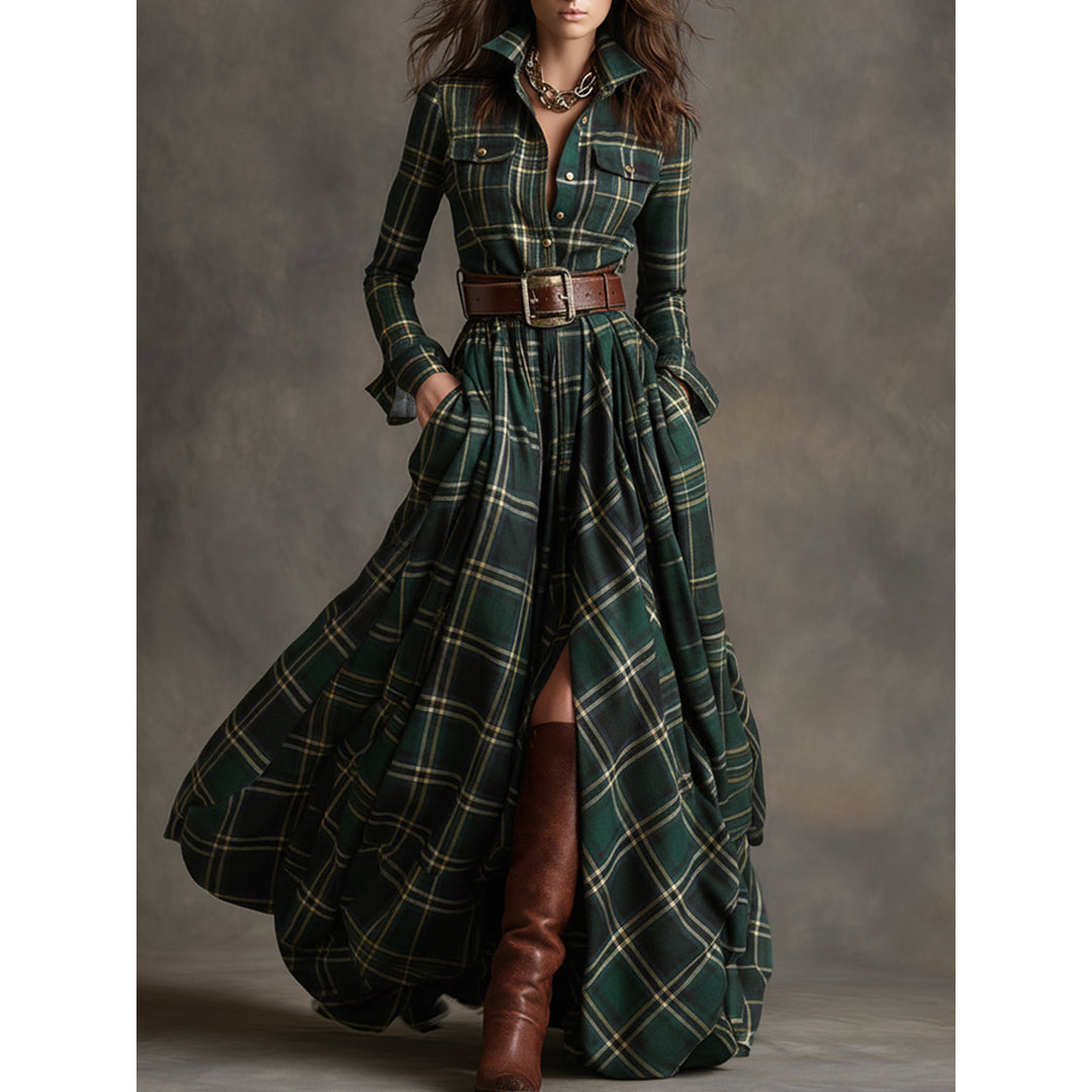 Woman wearing a green plaid maxi shirt dress