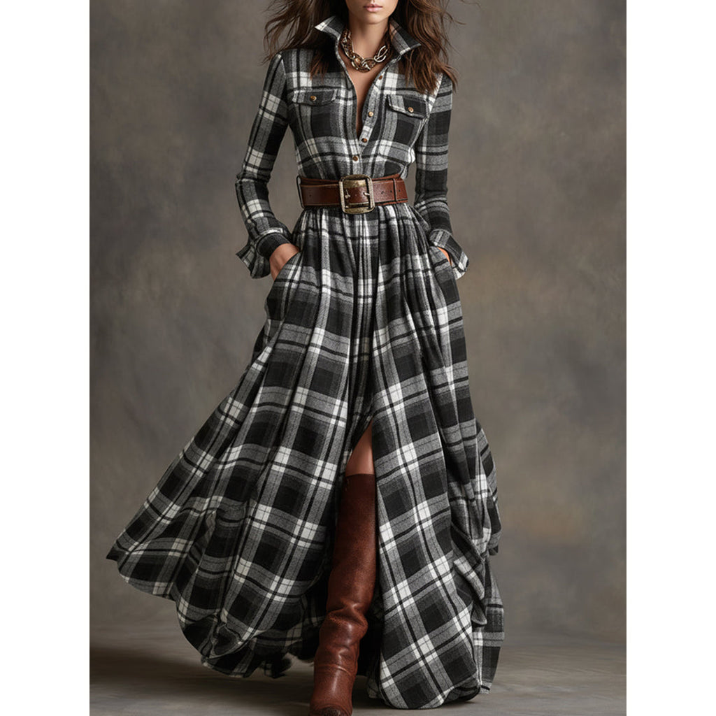 Woman wearing a black and white plaid shirt dress