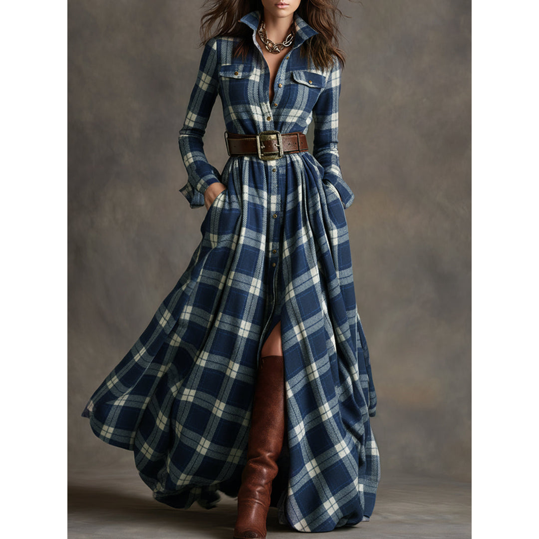 Woman wearing a blue plaid belted maxi dress