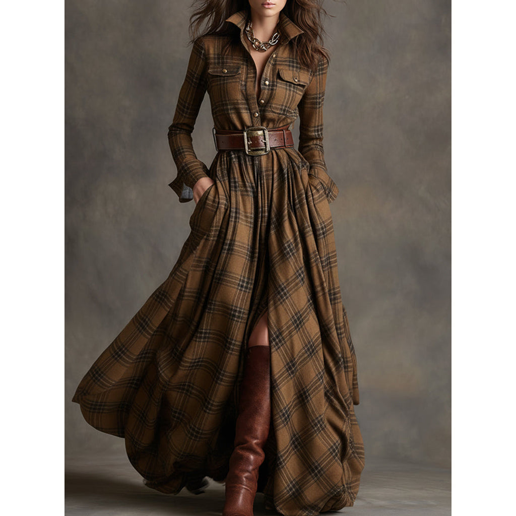 Woman wearing a brown plaid shirt dress