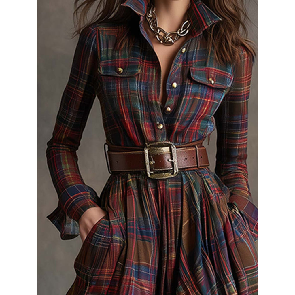 Close-up of the plaid shirt dress with belt