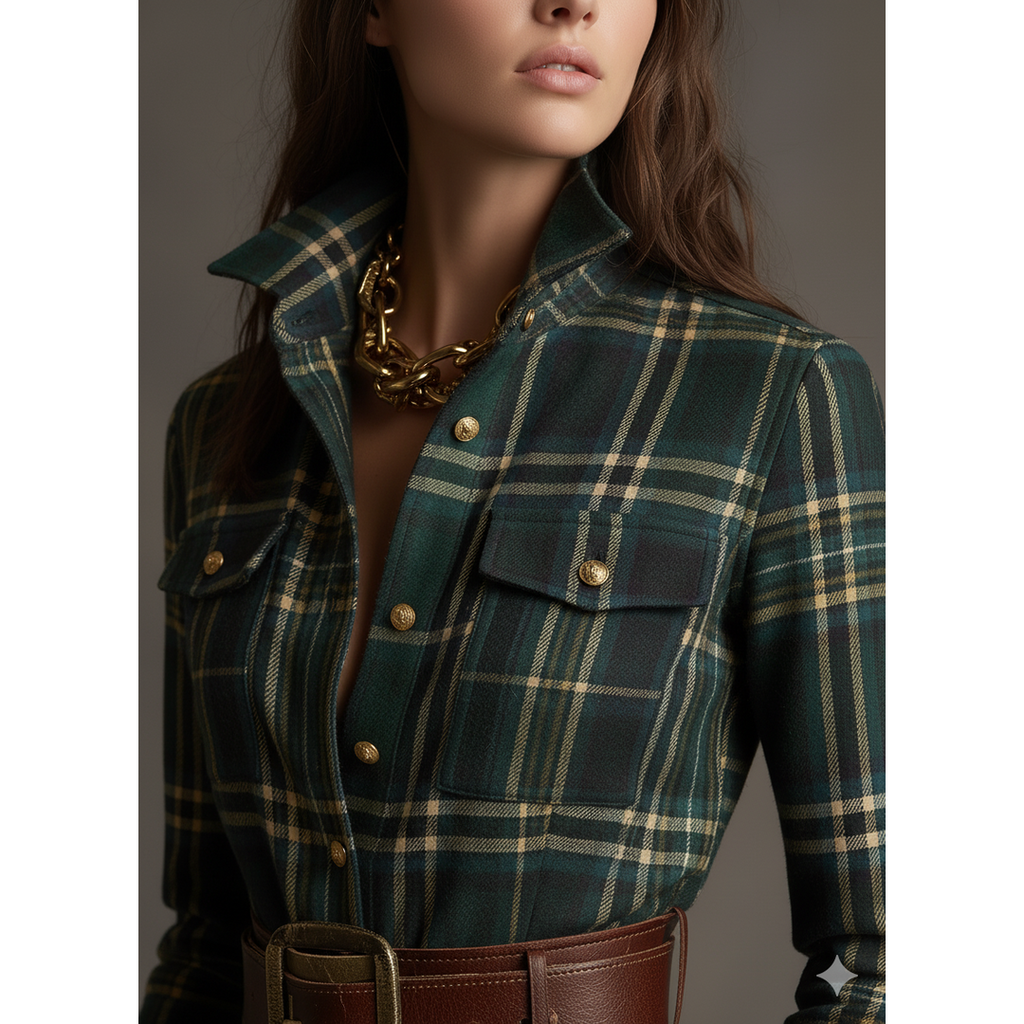 Close-up of the green plaid shirt dress collar