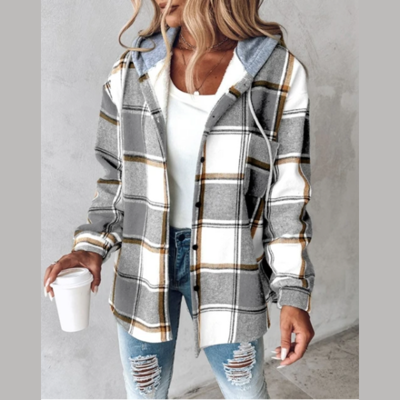 Women's plaid hooded jacket in grey