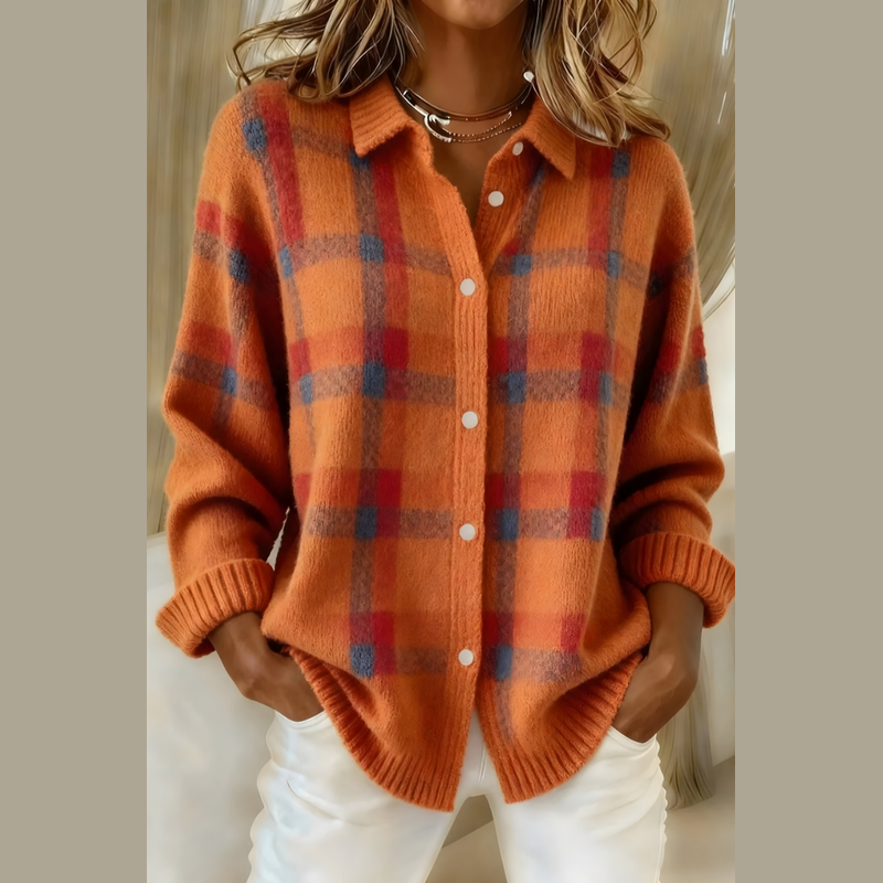 Women's plaid knit cardigan in orange