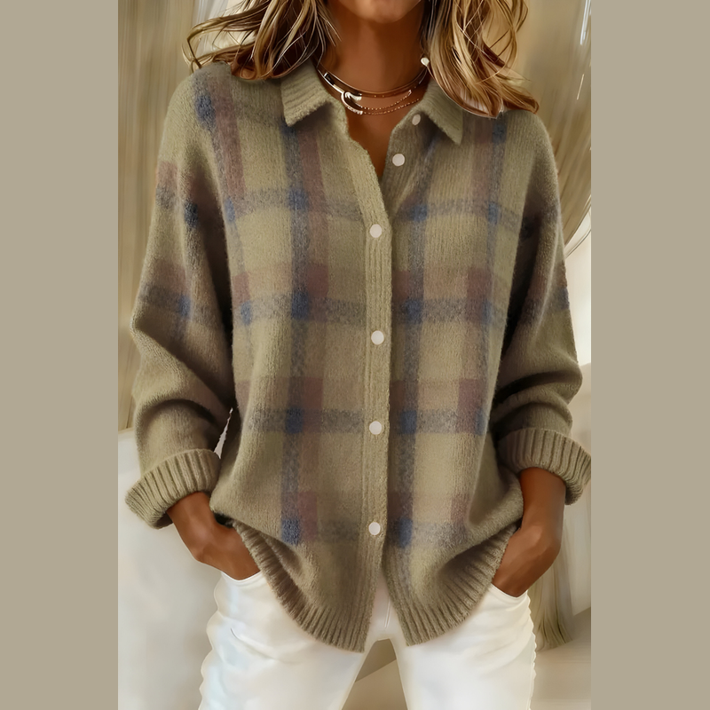 Women's plaid knit cardigan in brown