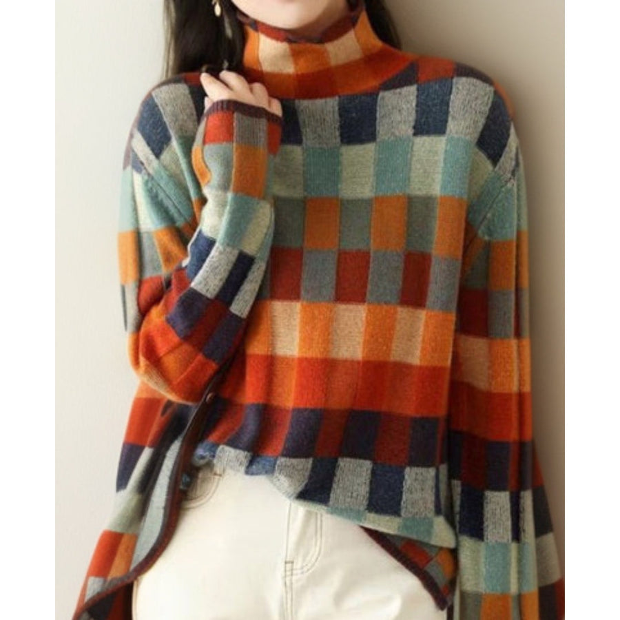 Women's Plaid Turtleneck Sweater with Colour Block Pattern for Autumn Days