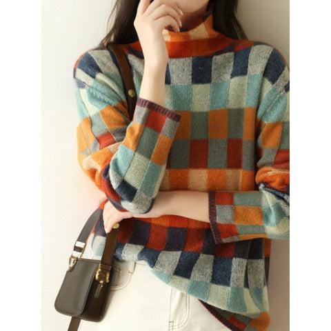 Women's plaid turtleneck sweater in multicolour plaid, view 2