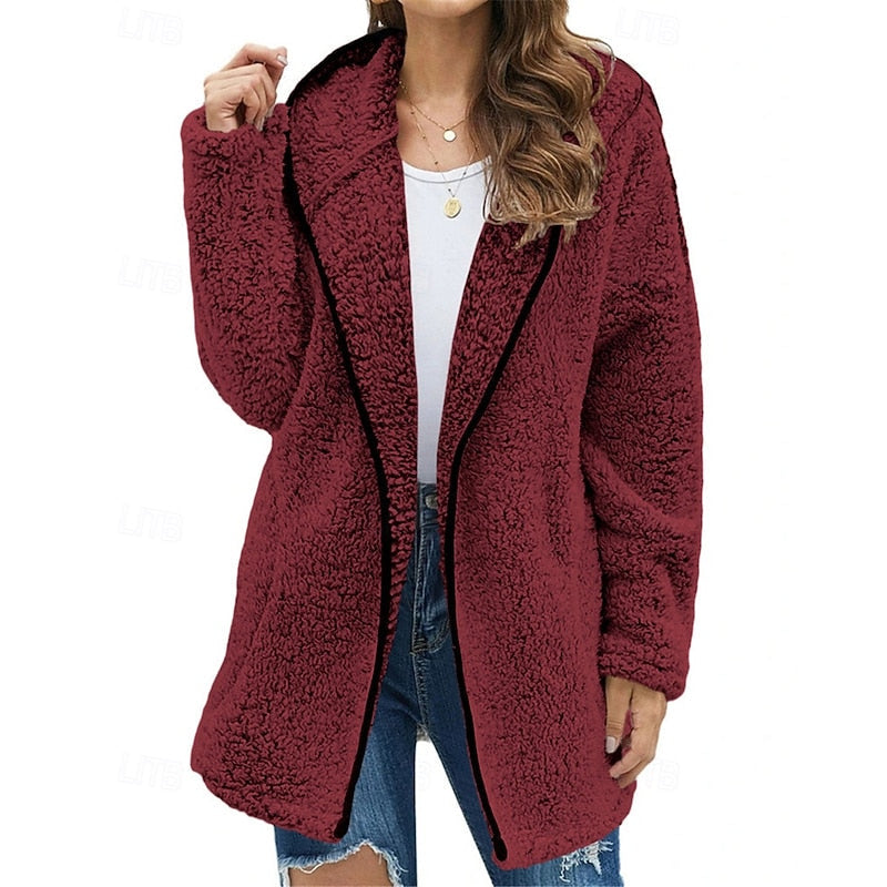 Women's plush hooded jacket in wine red