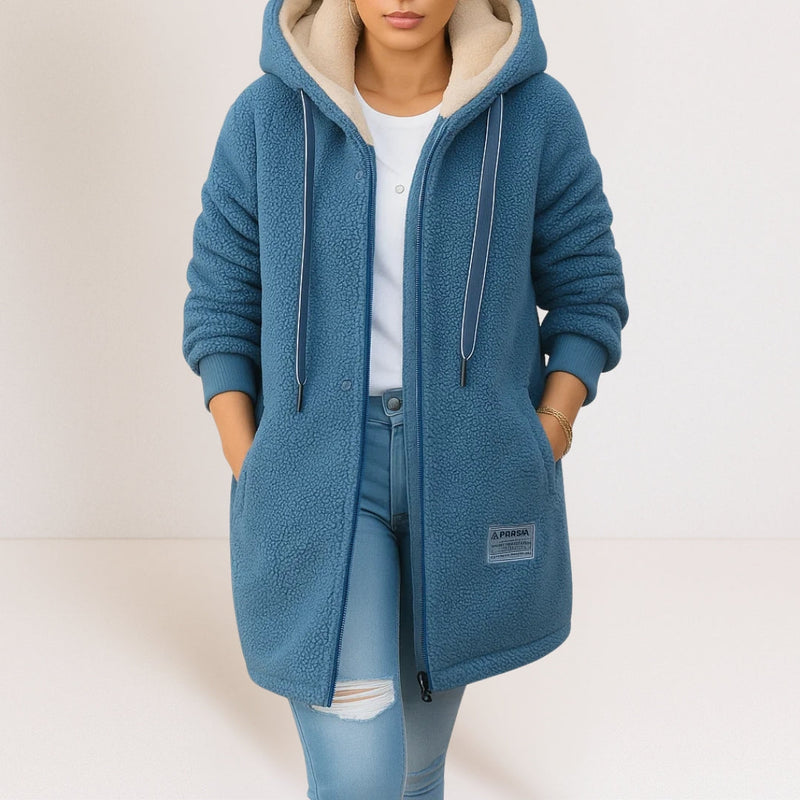 Women's Plush Hooded Longline Jacket with Pockets for Cold Days