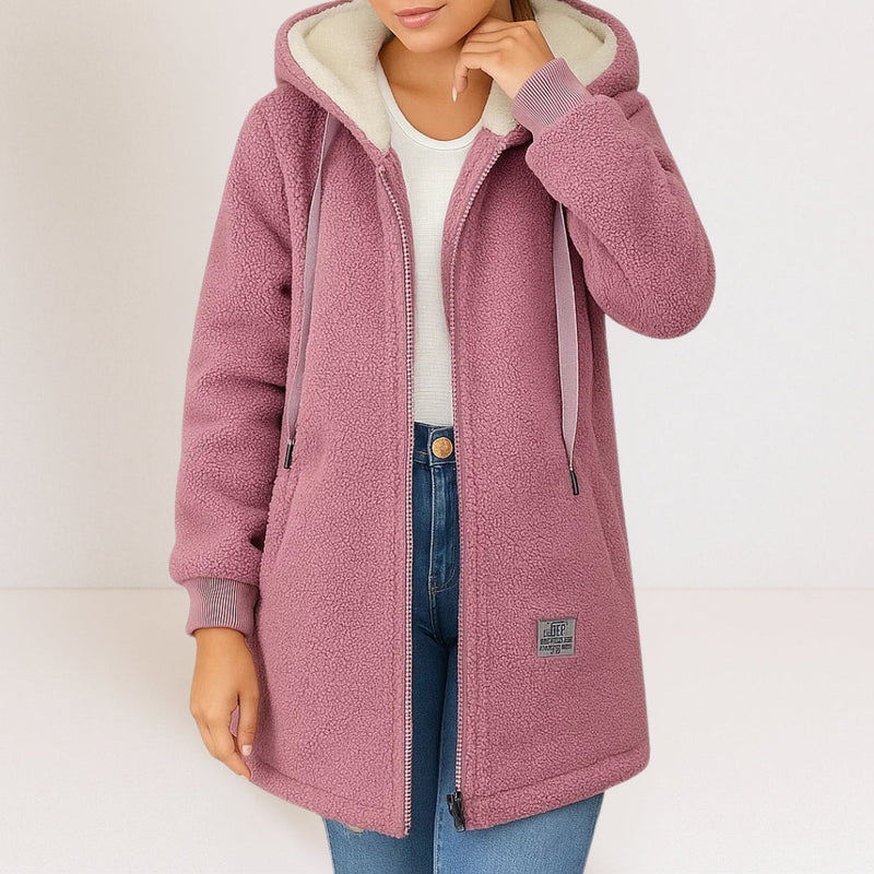 Women's plush hooded longline jacket in pink