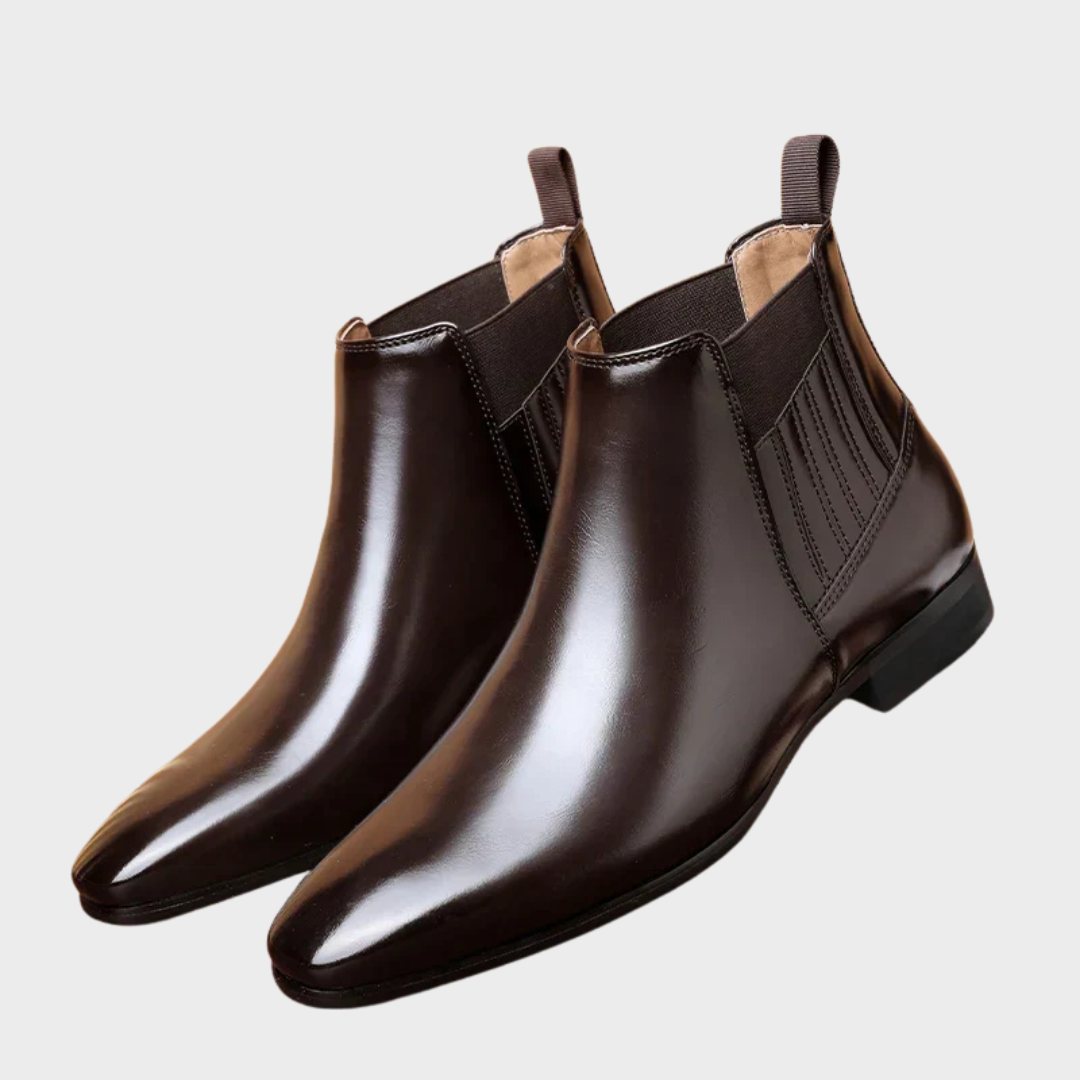 Women's dark brown glossy Chelsea boots – studio view