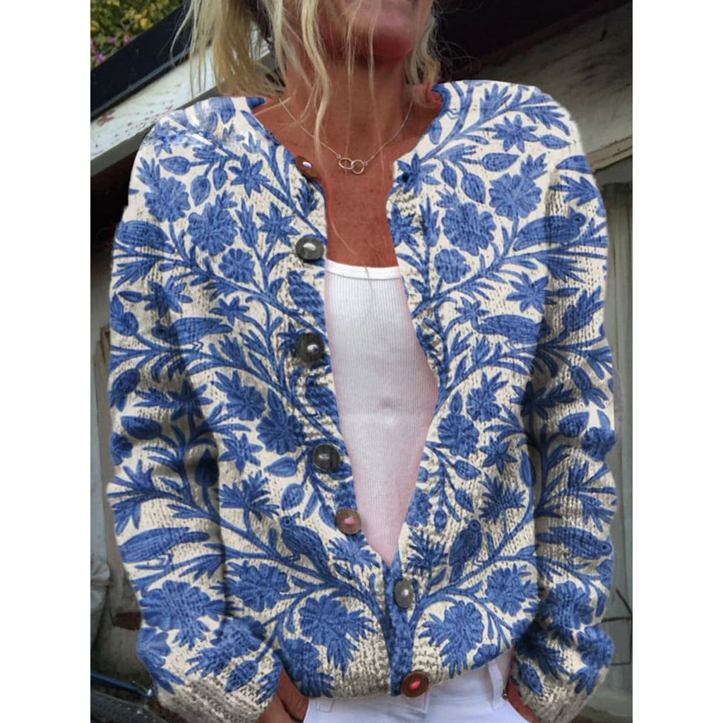 Woman wearing a blue floral knit cardigan