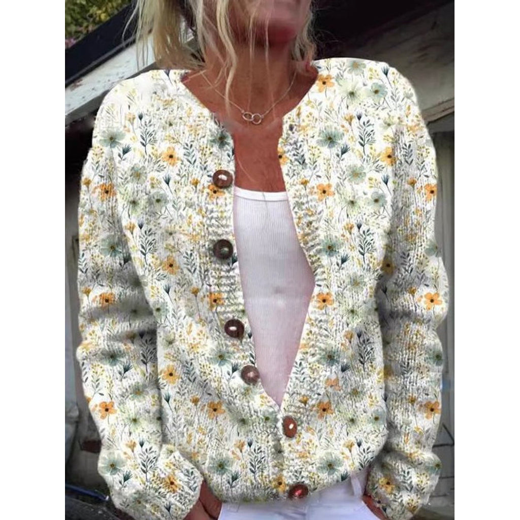 Woman wearing a beige flower print button cardigan