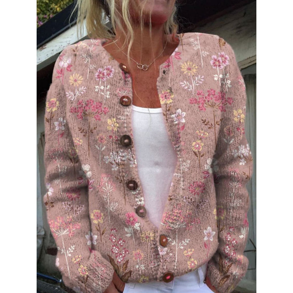 Women's pink floral knit cardigan with buttons