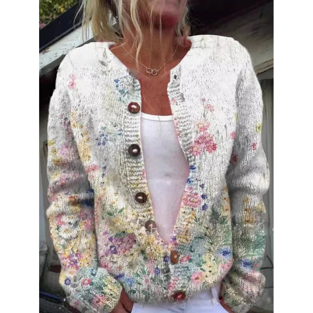 Woman wearing a white multicolour floral cardigan