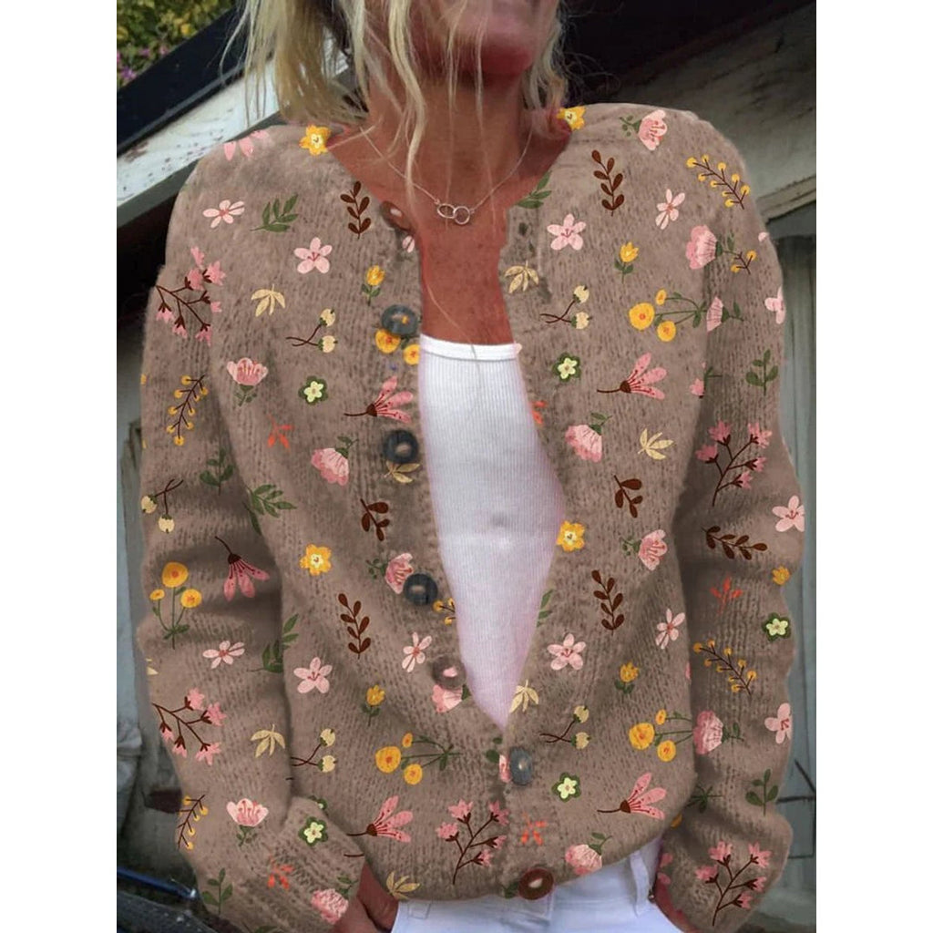 Women's khaki floral print knit cardigan