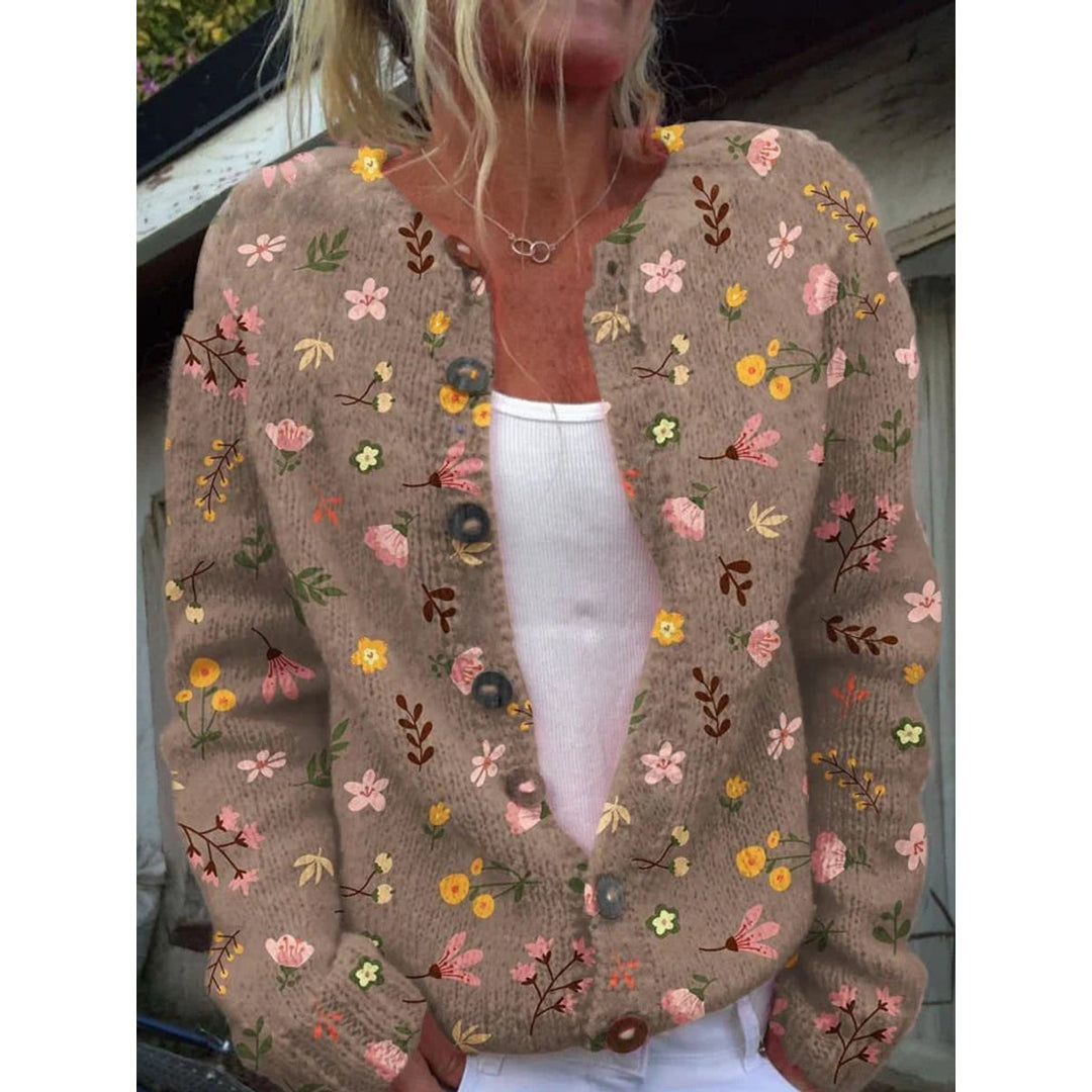 Women's khaki floral print knit cardigan