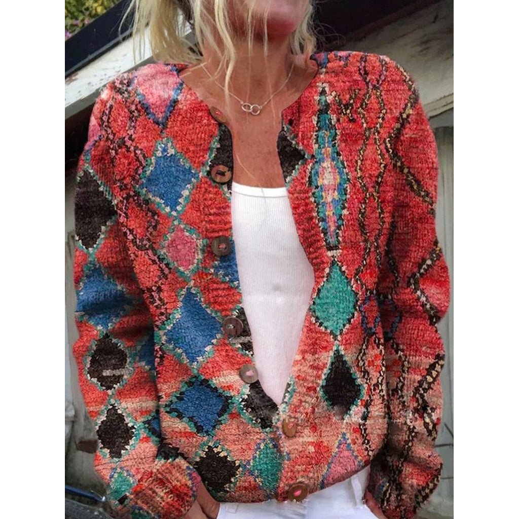 Women's red patterned knit cardigan